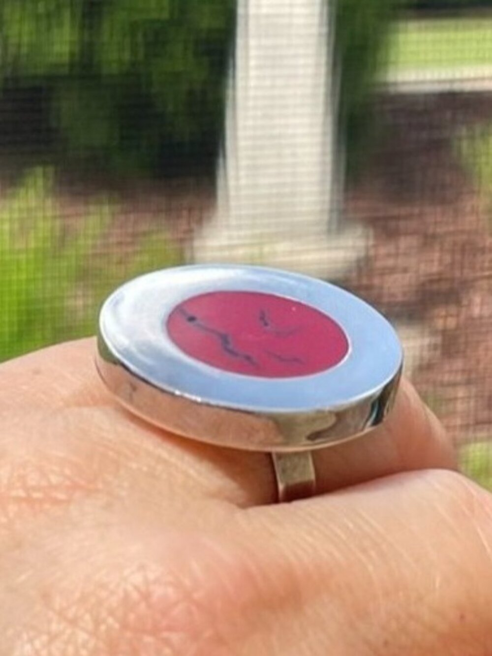 Mexican Silver-Plated Red Stone Statement Ring Adjustable Size 7.5 - Picture 4 of 7